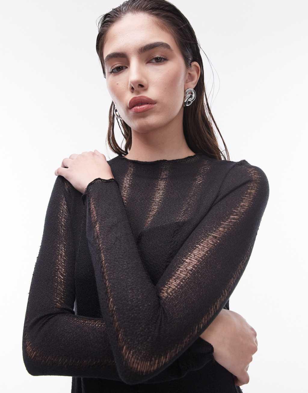 Topshop jersey ladder detail long sleeve maxi dress in black Product Image