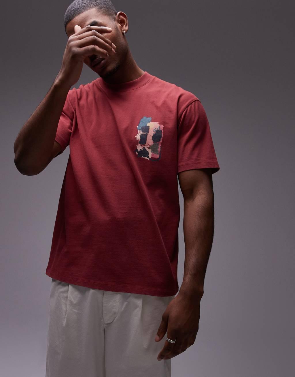 Topman oversized fit T-shirt with front and back painted mark making print in washed burgundy Product Image