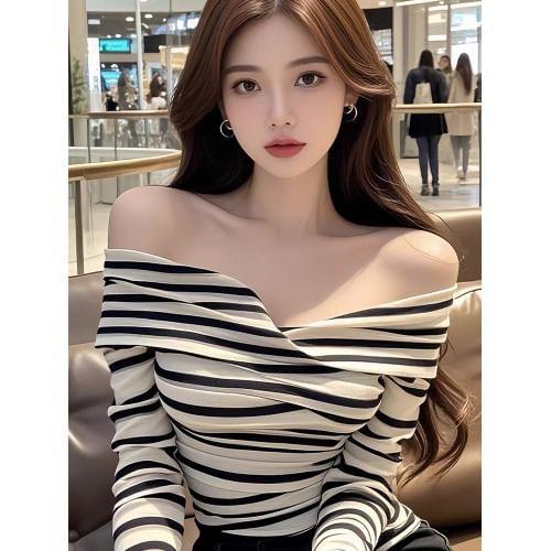 Long-Sleeve Off-Shoulder Striped Tee Product Image