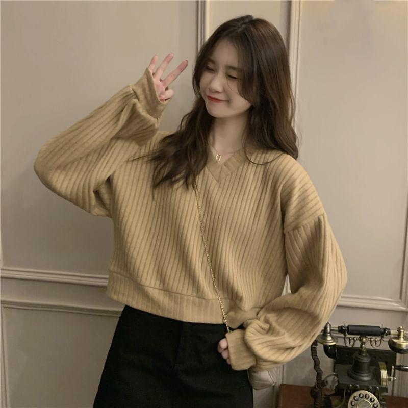 Drop Shoulder V-Neck Plain Ribbed Knit Sweater Product Image