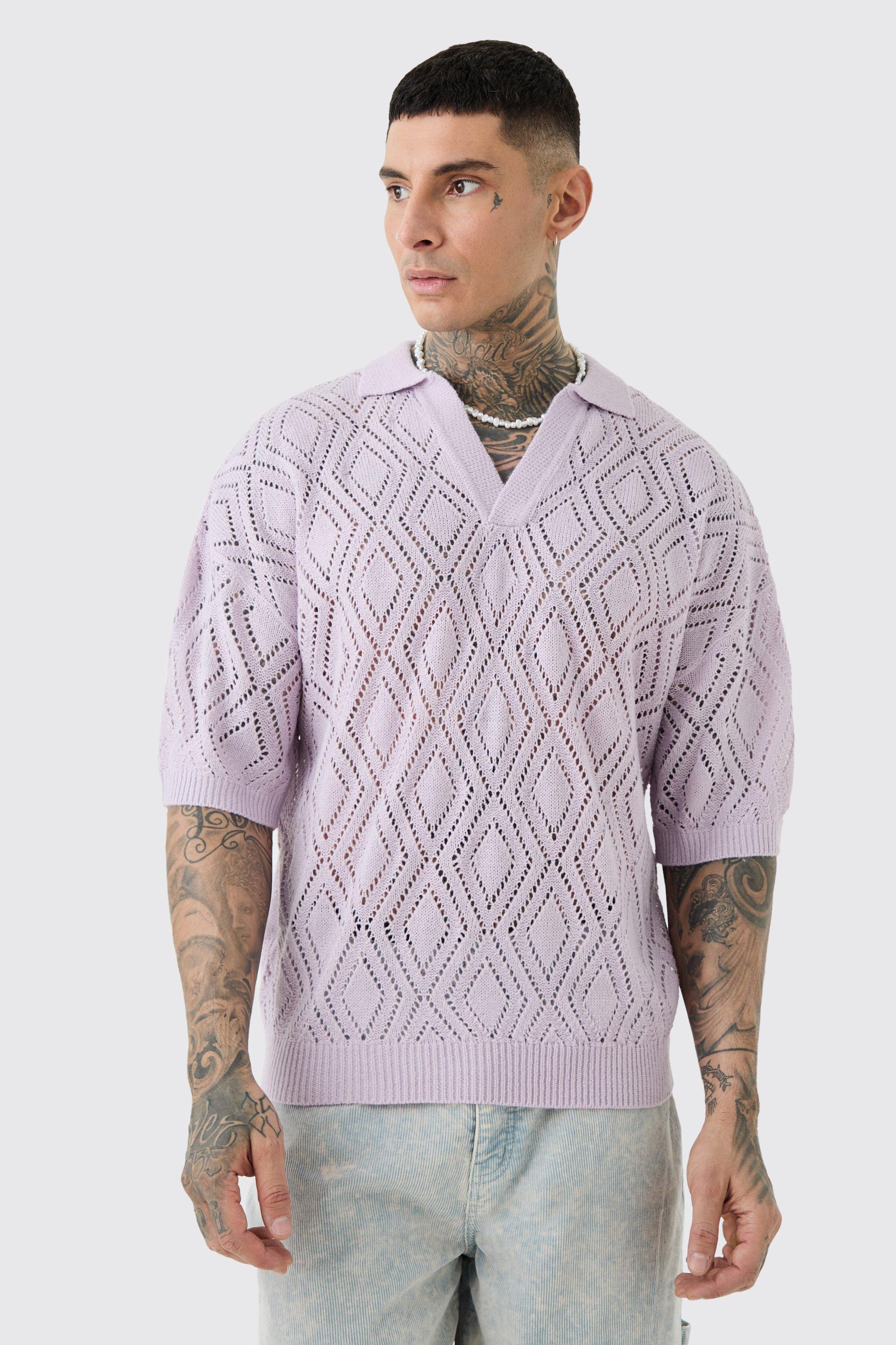 Mens Purple Tall Short Sleeve Boxy Fit Revere Open Knit Polo In Ecru, Purple Product Image