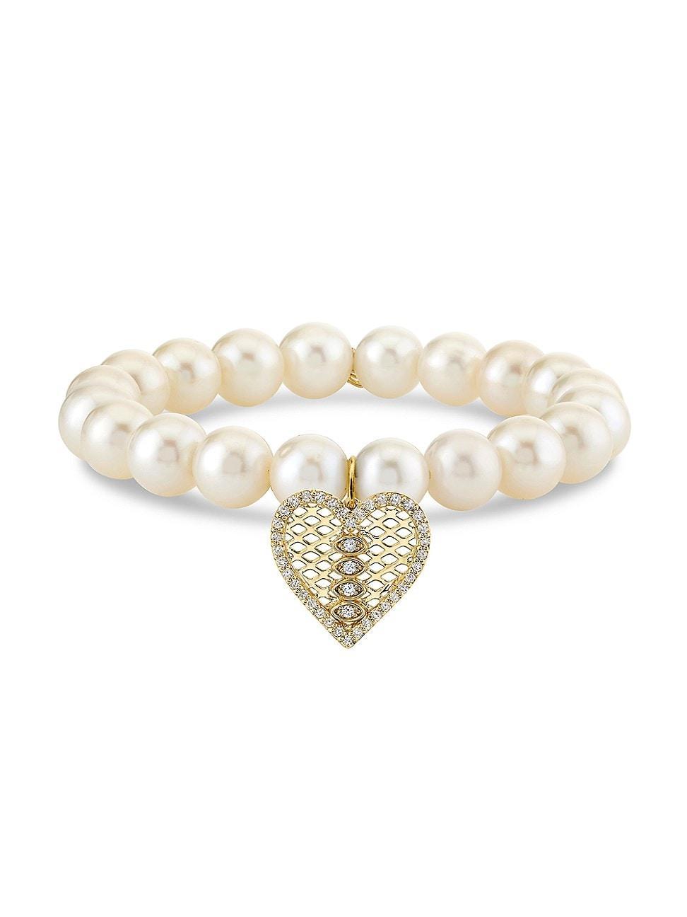 Womens 14K Yellow Gold, Freshwater Pearl & 0.20 TCW Diamonds Stretch Bracelet Product Image