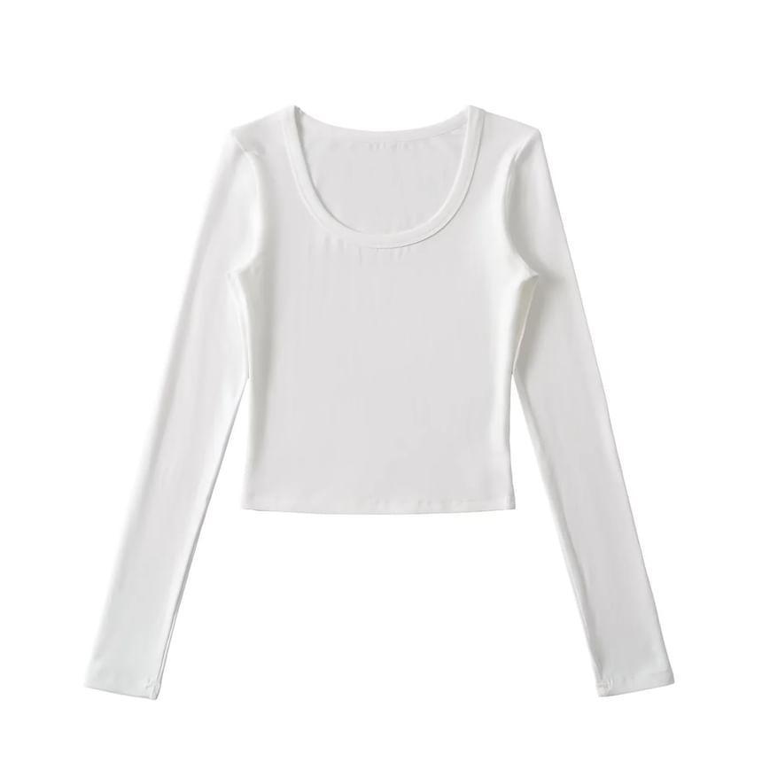 Long Sleeve Scoop Neck Plain Cropped T-Shirt Product Image