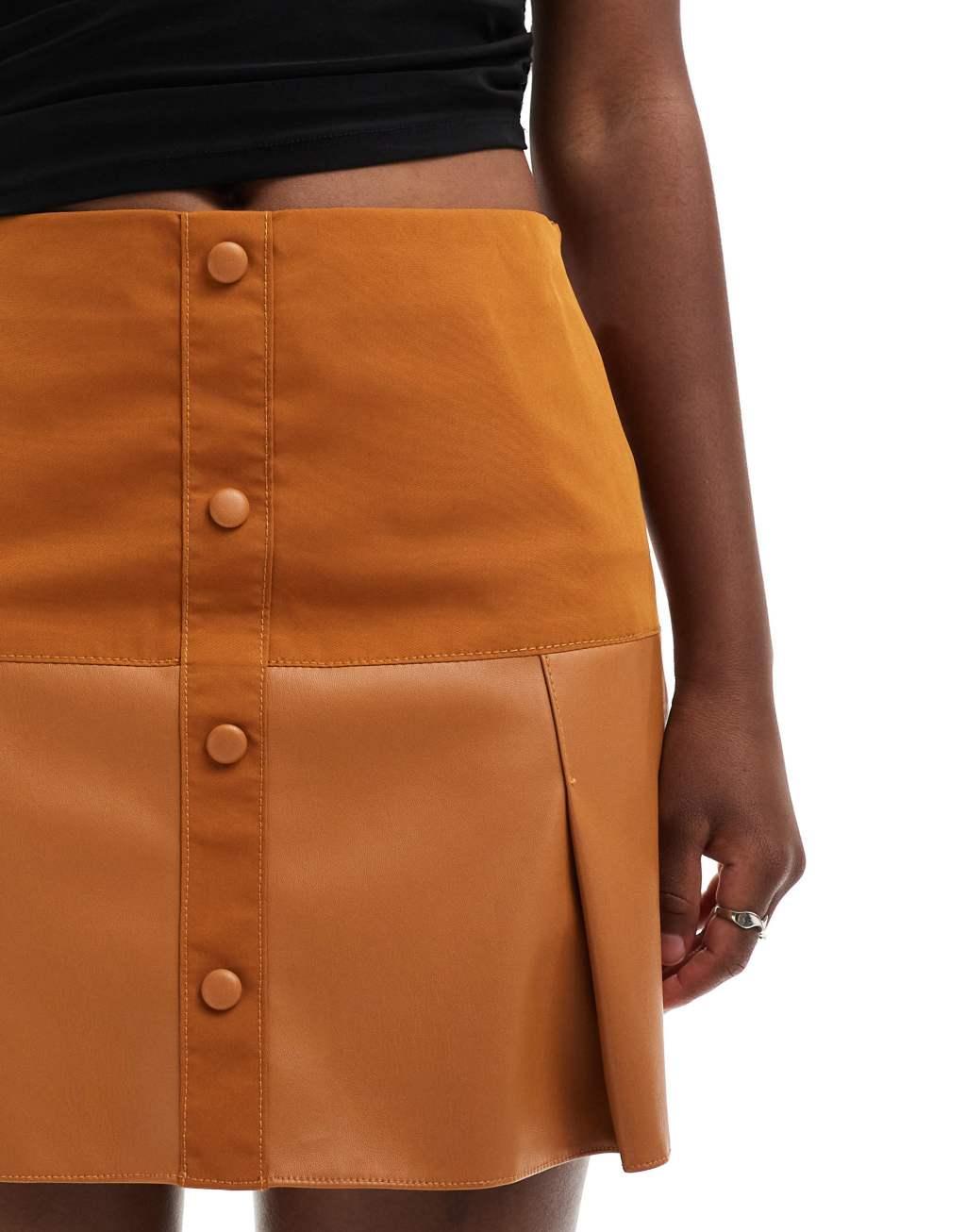 ASOS DESIGN faux leather woven mix pleated mini skirt in tan Product Image