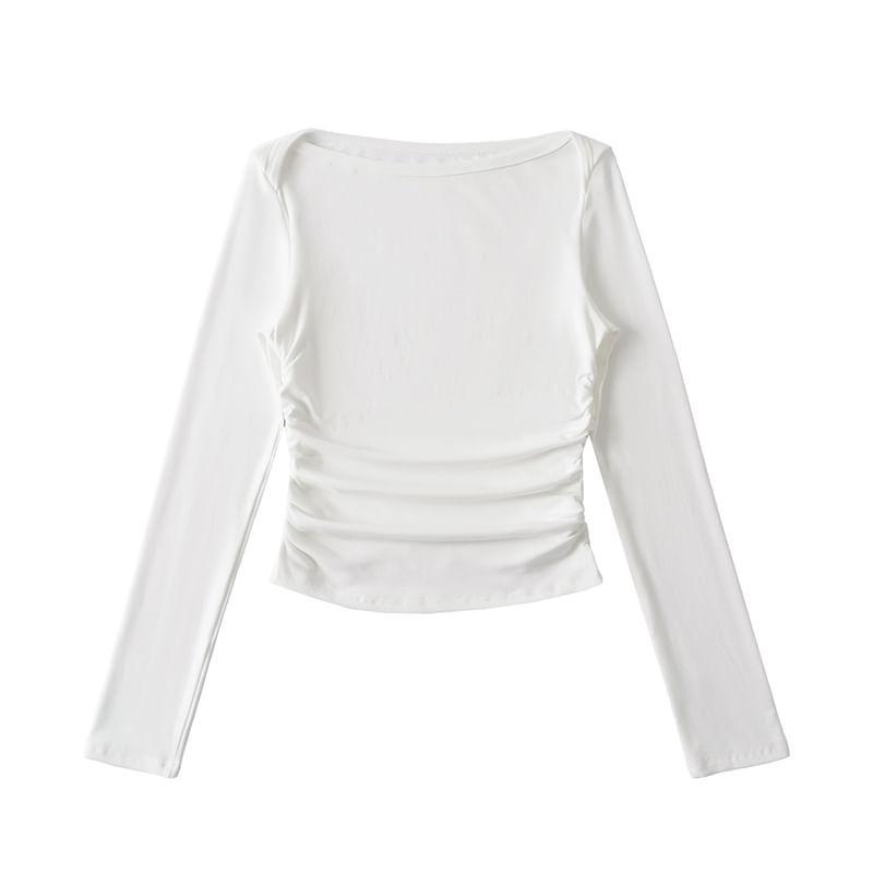 Long Sleeve Boat Neck Plain Ruched T-Shirt Product Image