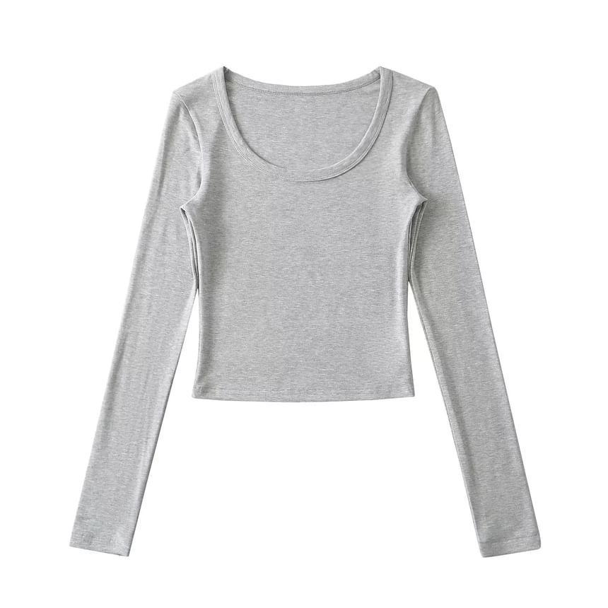 Long Sleeve Scoop Neck Plain Cropped T-Shirt Product Image