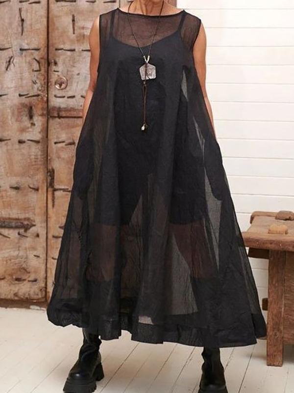 A-Line Loose Pockets See-Through Solid Color Round-Neck Cover-Up Midi Dresses Product Image