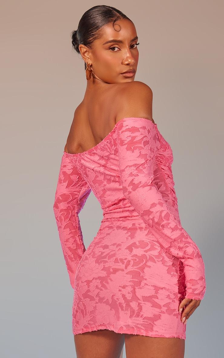 Hot Pink Floral Sheer Burnout Bardot Bodycon Dress Product Image