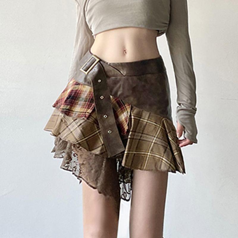 Low Rise Plaid Panel Asymmetrical Mini Skirt Product Image