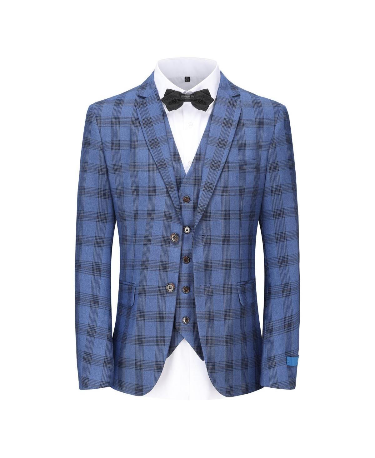 Gino Vitale Mens 3-Piece Performance Stretch Slim Fit Blue & Black Plaid Suit Product Image