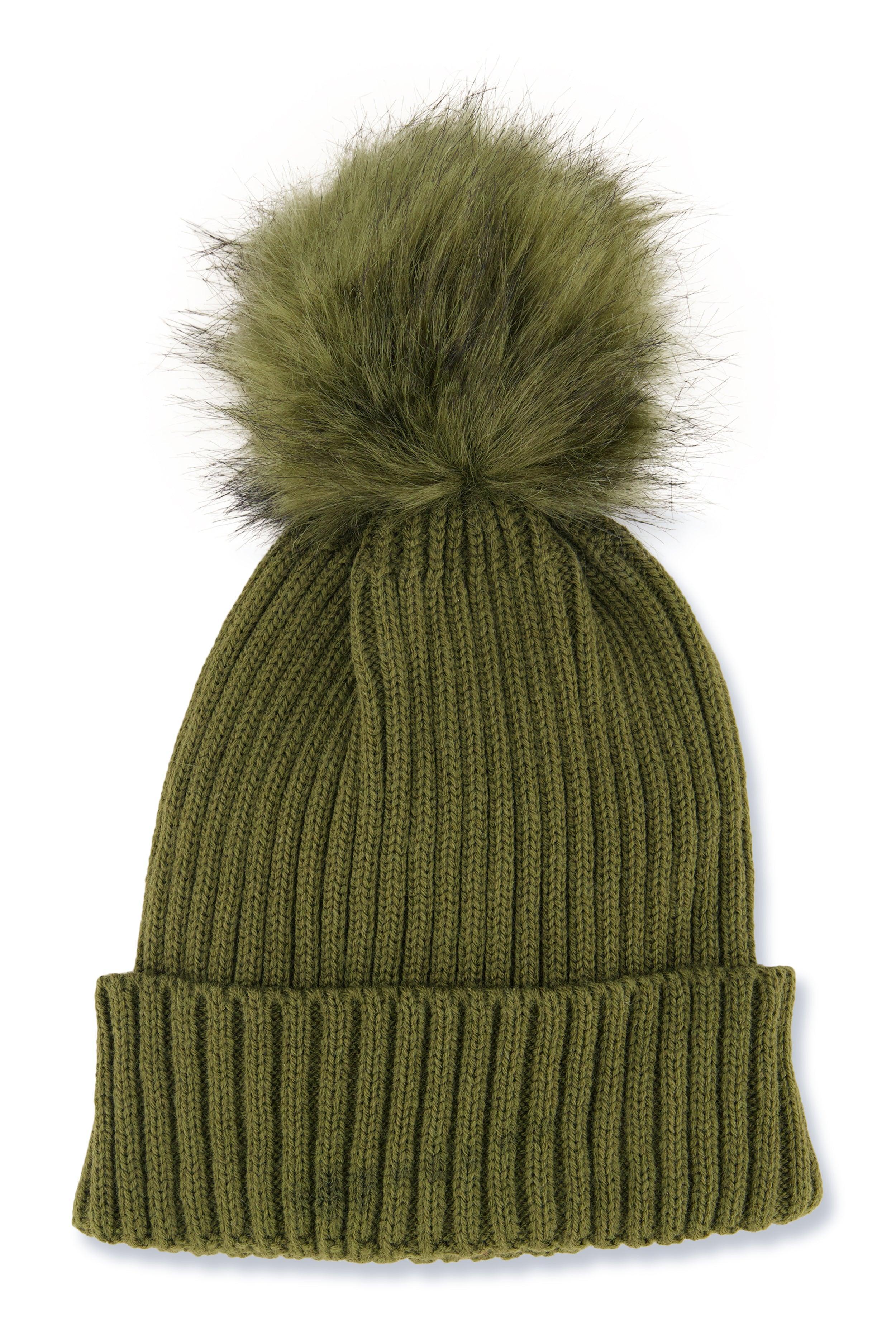 Ribbed Knit Faux Fur Pom Pom Beanie Female Product Image