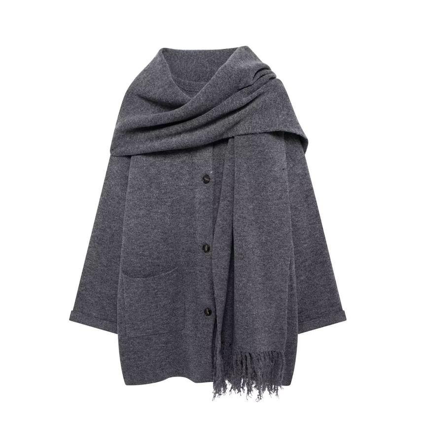 Set: Round Neck Long Cardigan + Fringed Scarf Product Image