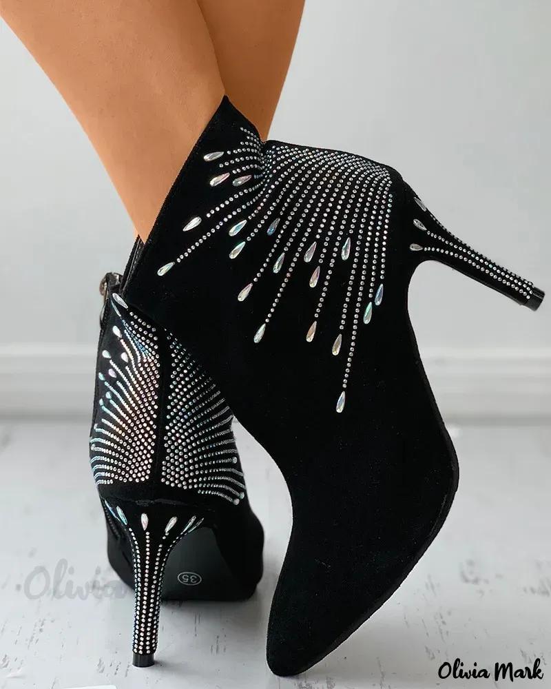 Olivia Mark – Exquisite Rhinestone Embellished Pointed Toe Suede Heeled Boots Product Image