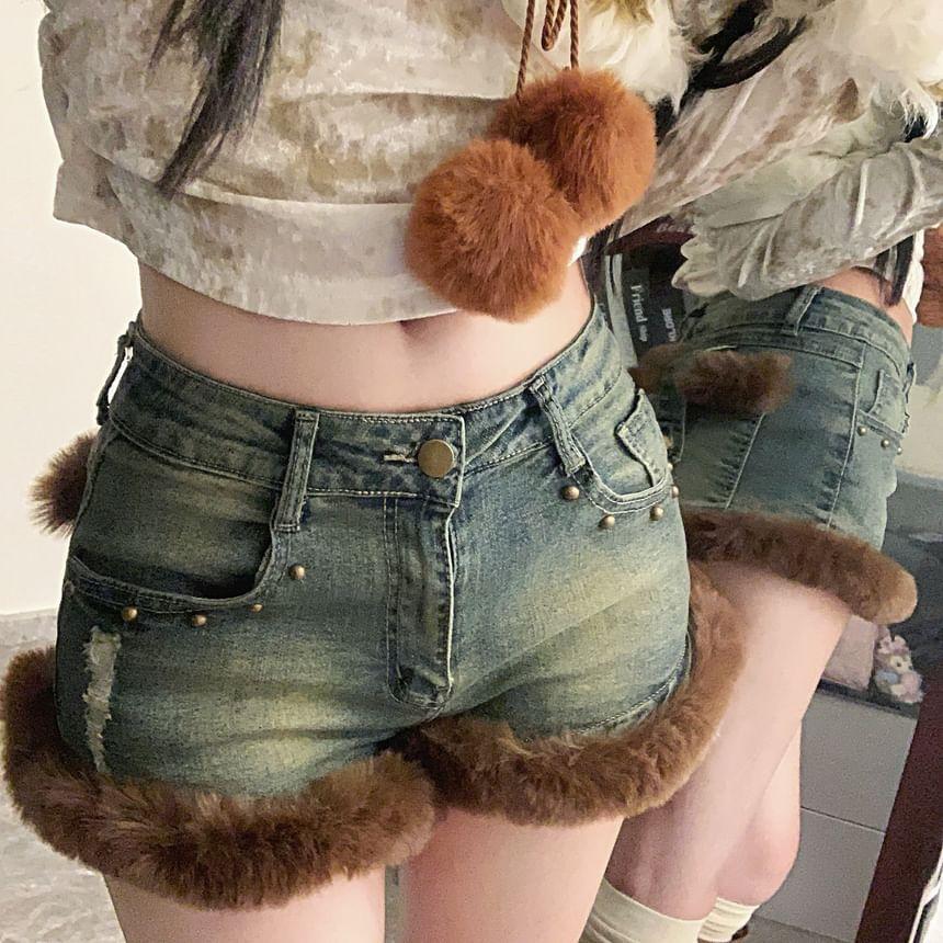 High Waist Faux Fur Trim Washed Denim Shorts Product Image