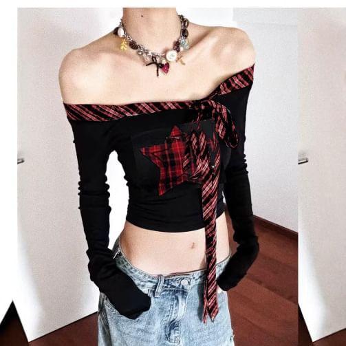 Long-Sleeve Off Shoulder Star Applique Tee Product Image