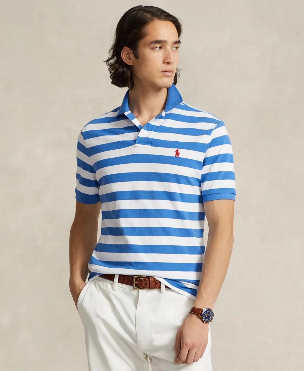 Men's Classic-fit Striped Mesh Polo Shirt In New England Blue,white Product Image