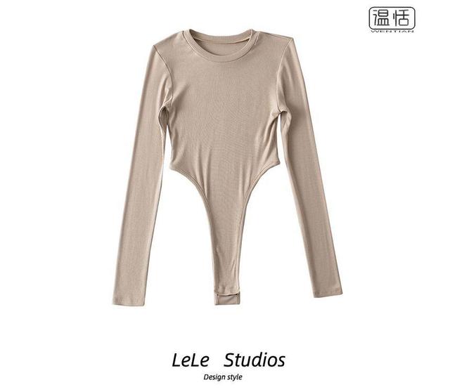 Long-Sleeve Round Neck Plain Bodysuit Top Product Image