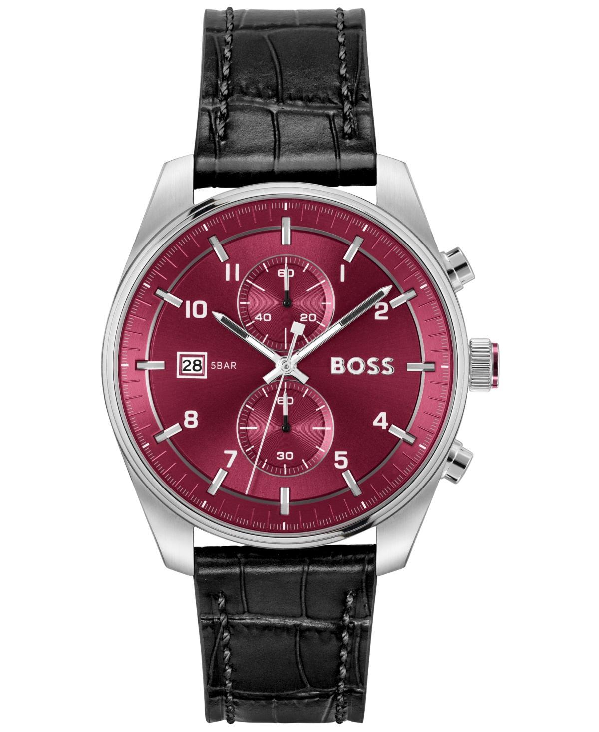 Hugo Boss Mens Skytraveller Quartz Chronograph Burgundy Dial Black Leather Strap Watch Product Image