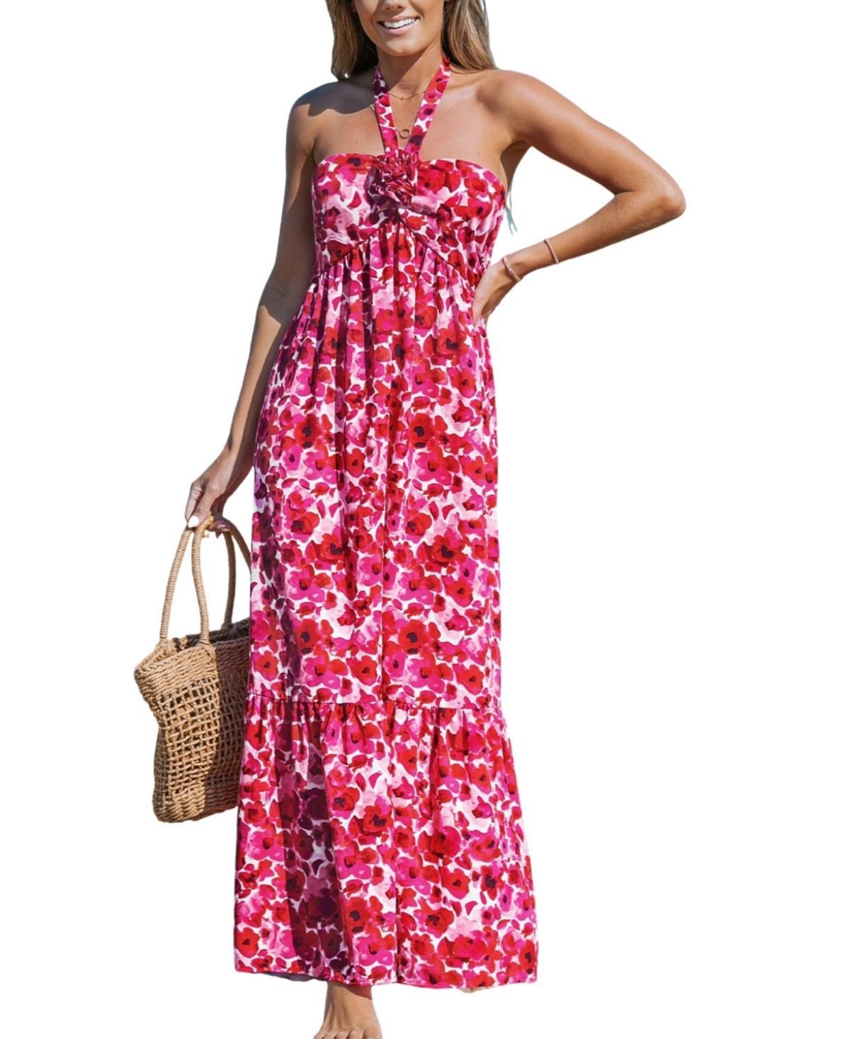 Cupshe Womens Red Floral Halter Neck Maxi Beach Dress Product Image