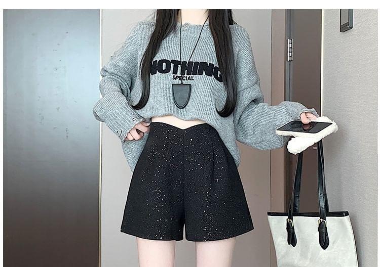 High Waist Plain Glitter Dress Shorts Product Image