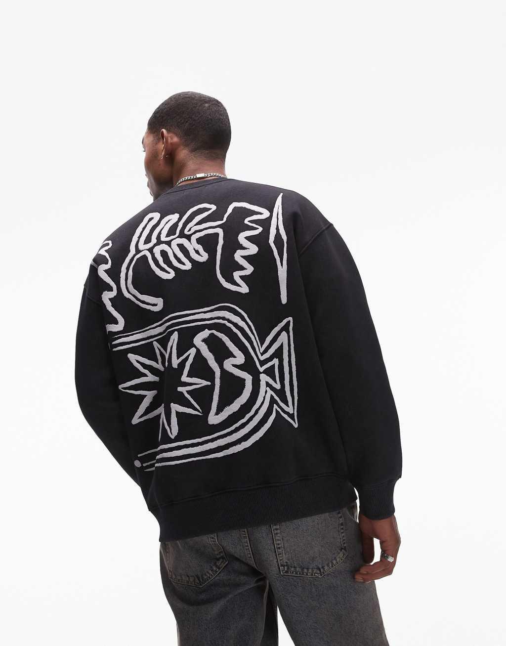 Topman oversized fit sweatshirt with front and back abstract motif print in black product image