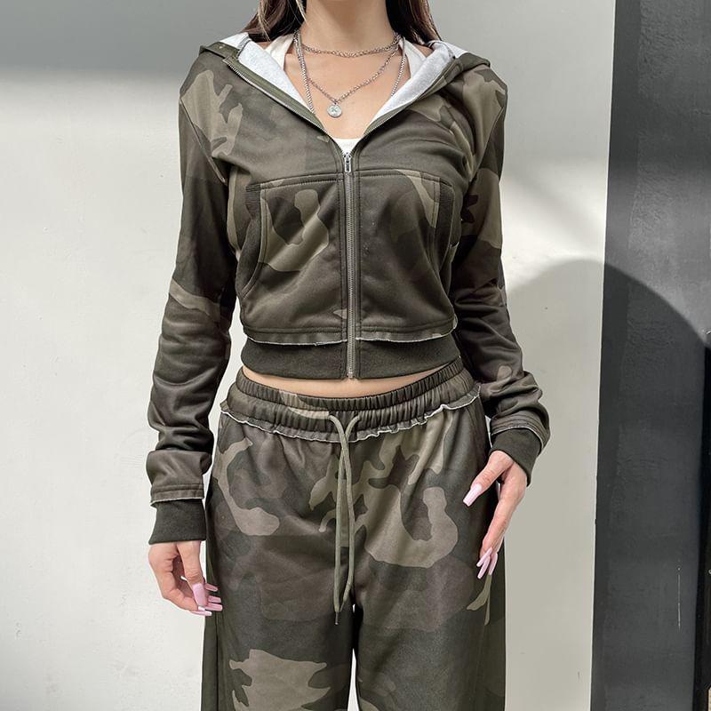 Drawstring Waist Camo Print Wide Leg Pants / Zip Hoodie Product Image