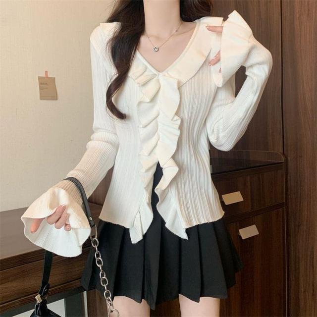 Long-Sleeve V-Neck Frill Trim Plain Knit Top Product Image