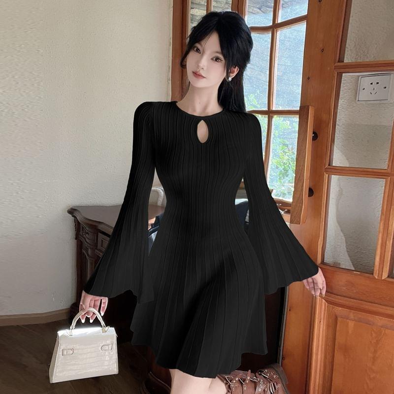 Flare-Sleeve Cutout Plain Knit Mini A-Line Dress Product Image