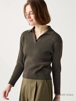 Womens Washable Knit Ribbed Polo Sweater Dark Green Medium UNIQLO US Product Image