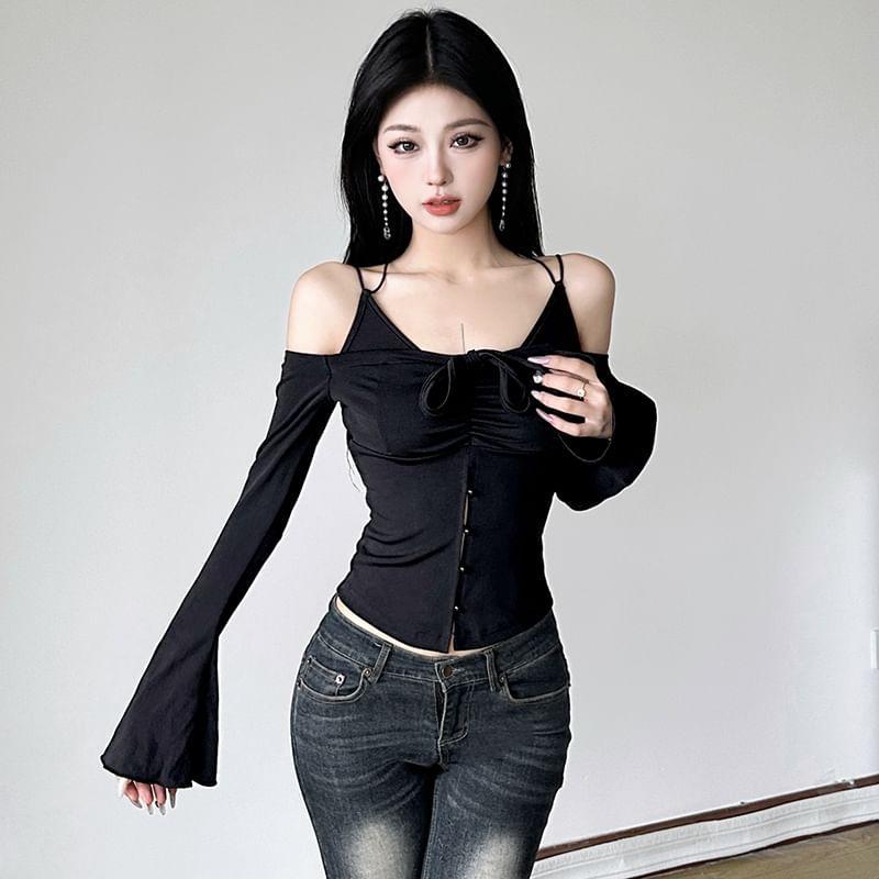 Long-Sleeve Cold-Shoulder Plain Bow Tee Product Image