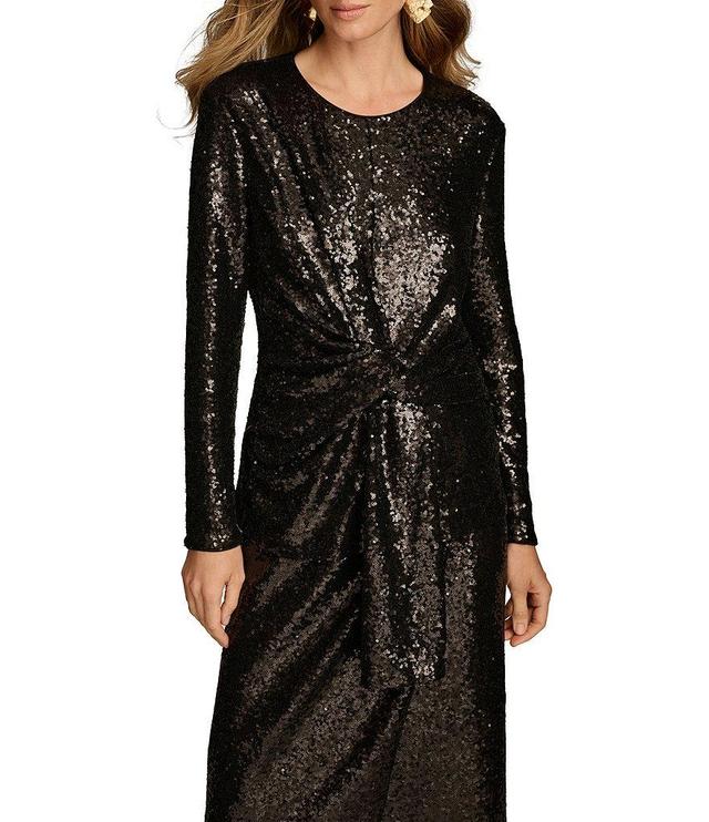 Donna Karan Sequin Crew Neck Long Sleeve Tie Waist Top Product Image