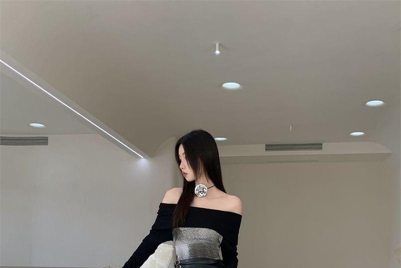 Set: Long-Sleeve Off-Shoulder Plain Maxi A-Line Dress + Patterned Belt Product Image