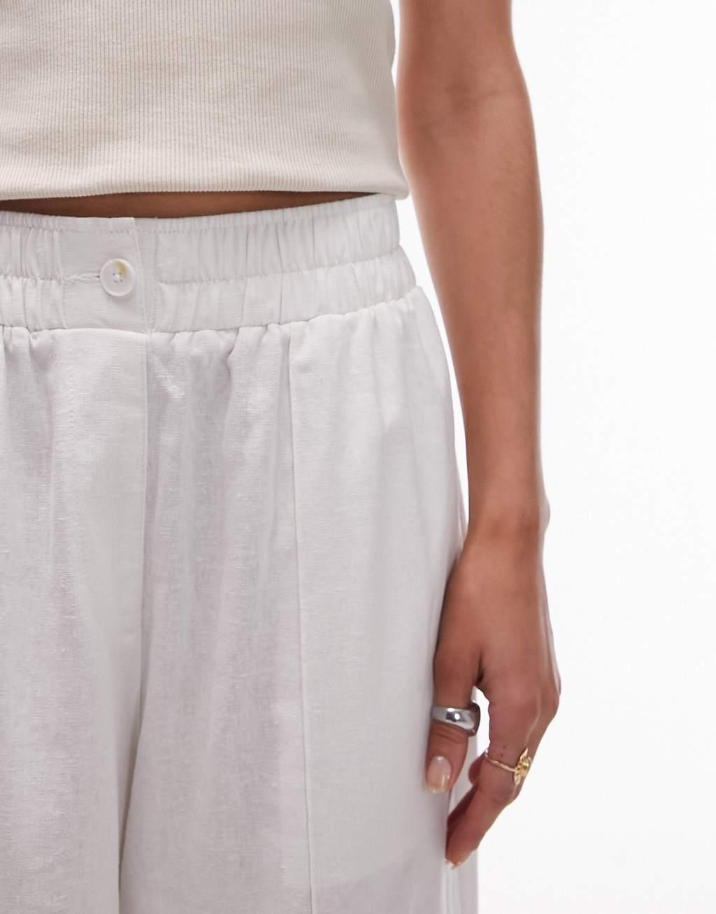 Topshop linen high waist pull on straight leg pants in white Product Image