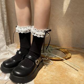 Plain Bow Lace Trim Ribbed Crew Socks Product Image