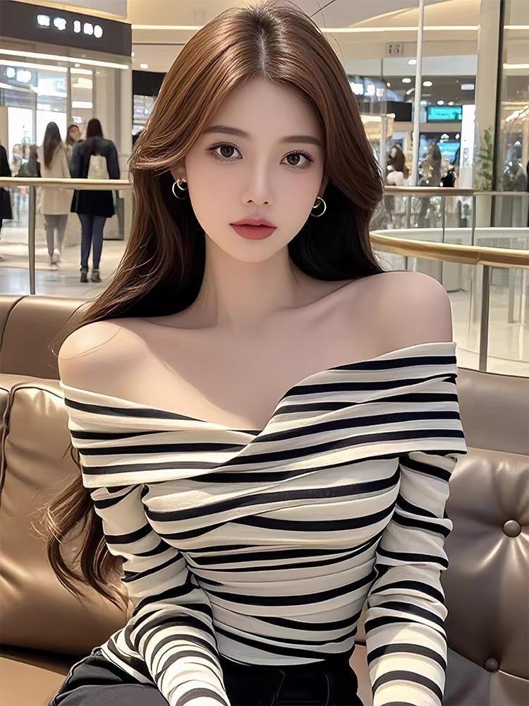 Long-Sleeve Off-Shoulder Striped Tee Product Image