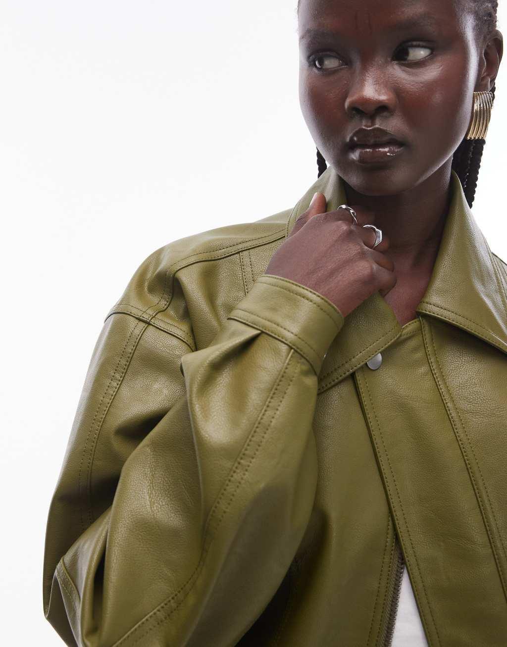 Topshop faux leather bomber jacket in khaki Product Image