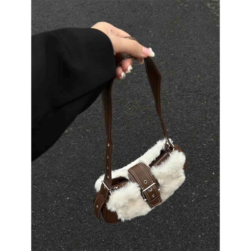 Fluffy Panel Buckled Faux Leather Crossbody Bag Product Image