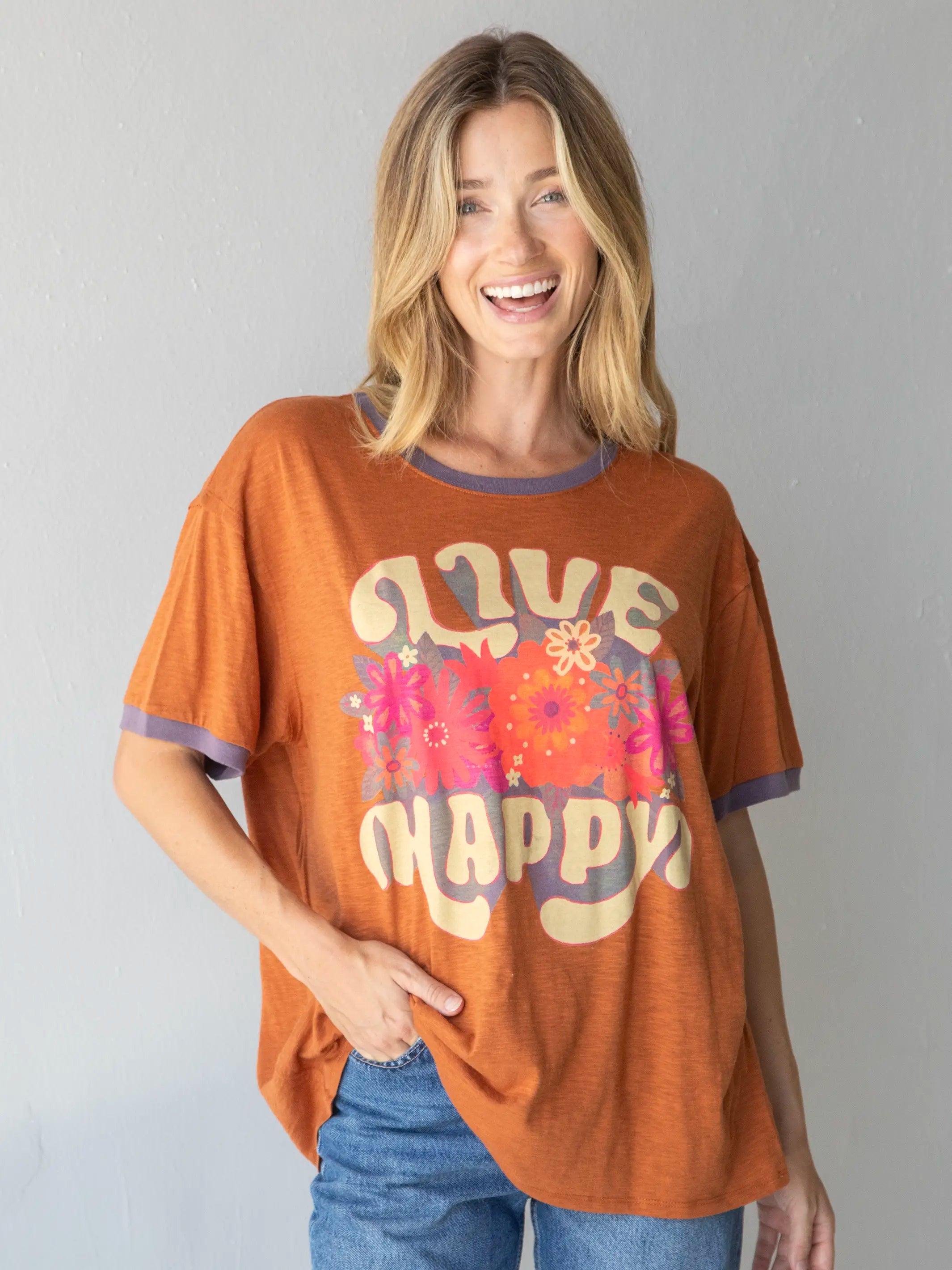 Ringer Oversized Tee Shirt - Burnt Orange Live Happy Product Image