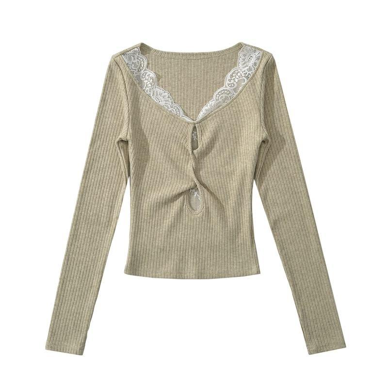 Long Sleeve V-Neck Plain Twist Ribbed Knit Cropped Top Product Image