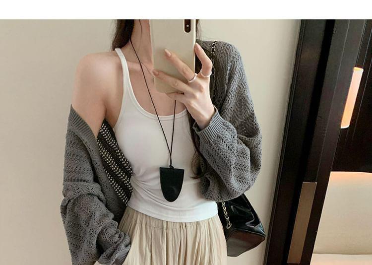 Puff-Sleeve Plain Pointelle Knit Cropped Cardigan Product Image