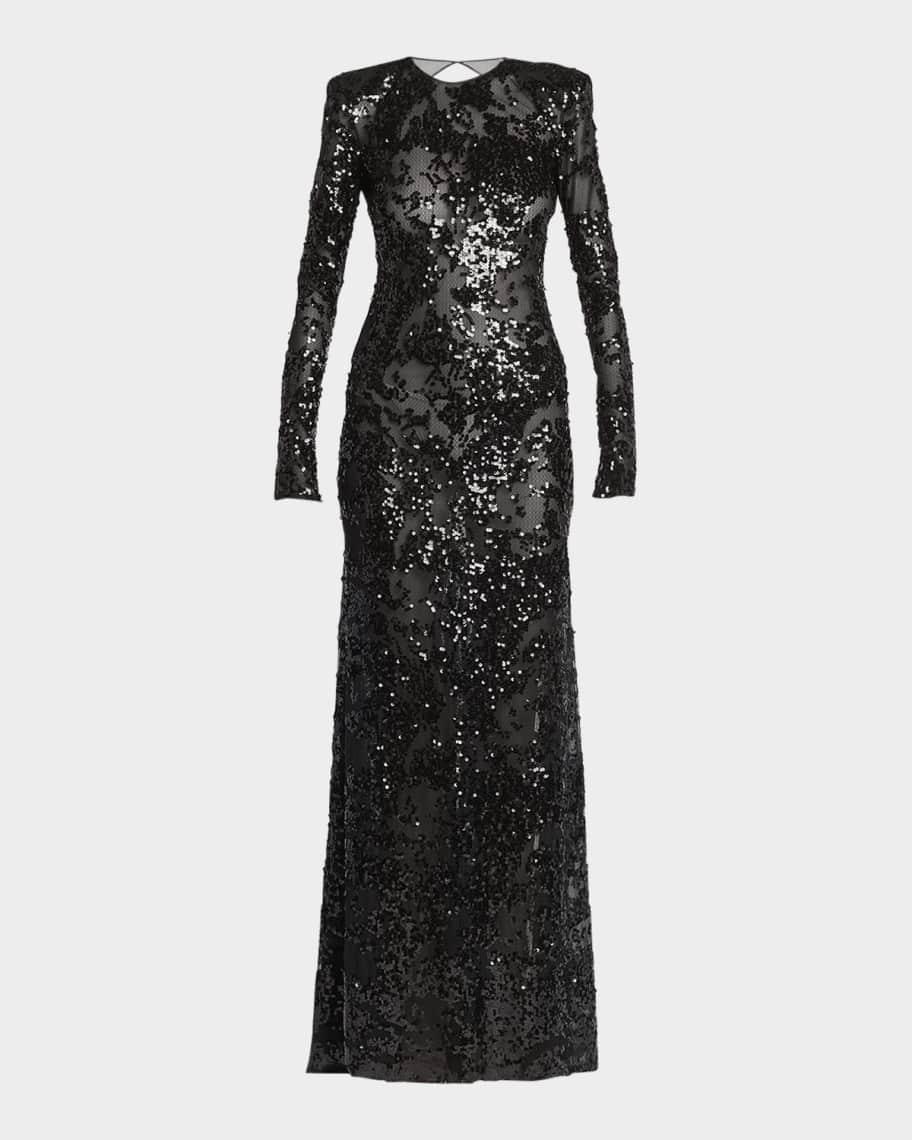 Long-Sleeve Backless Sequined Gown Product Image