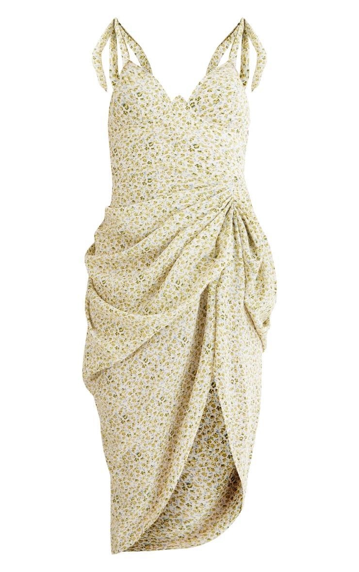 Green Ditsy Floral Print Underwire Detail Draped Midi Dress Product Image