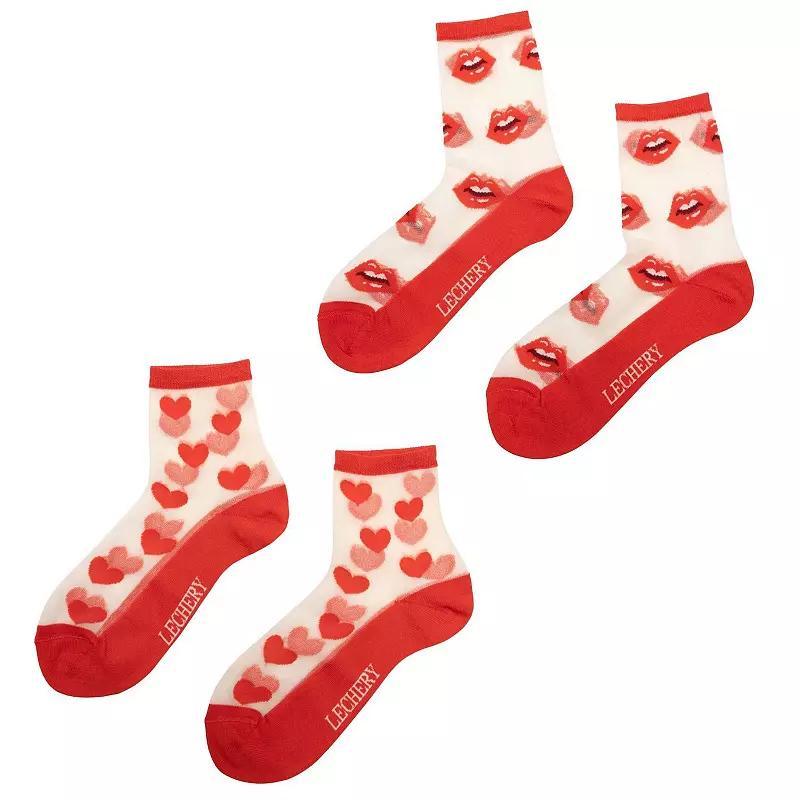 Lechery Womens Hearts Lips 2 Pairs of Sheer Crew Socks - Red Product Image