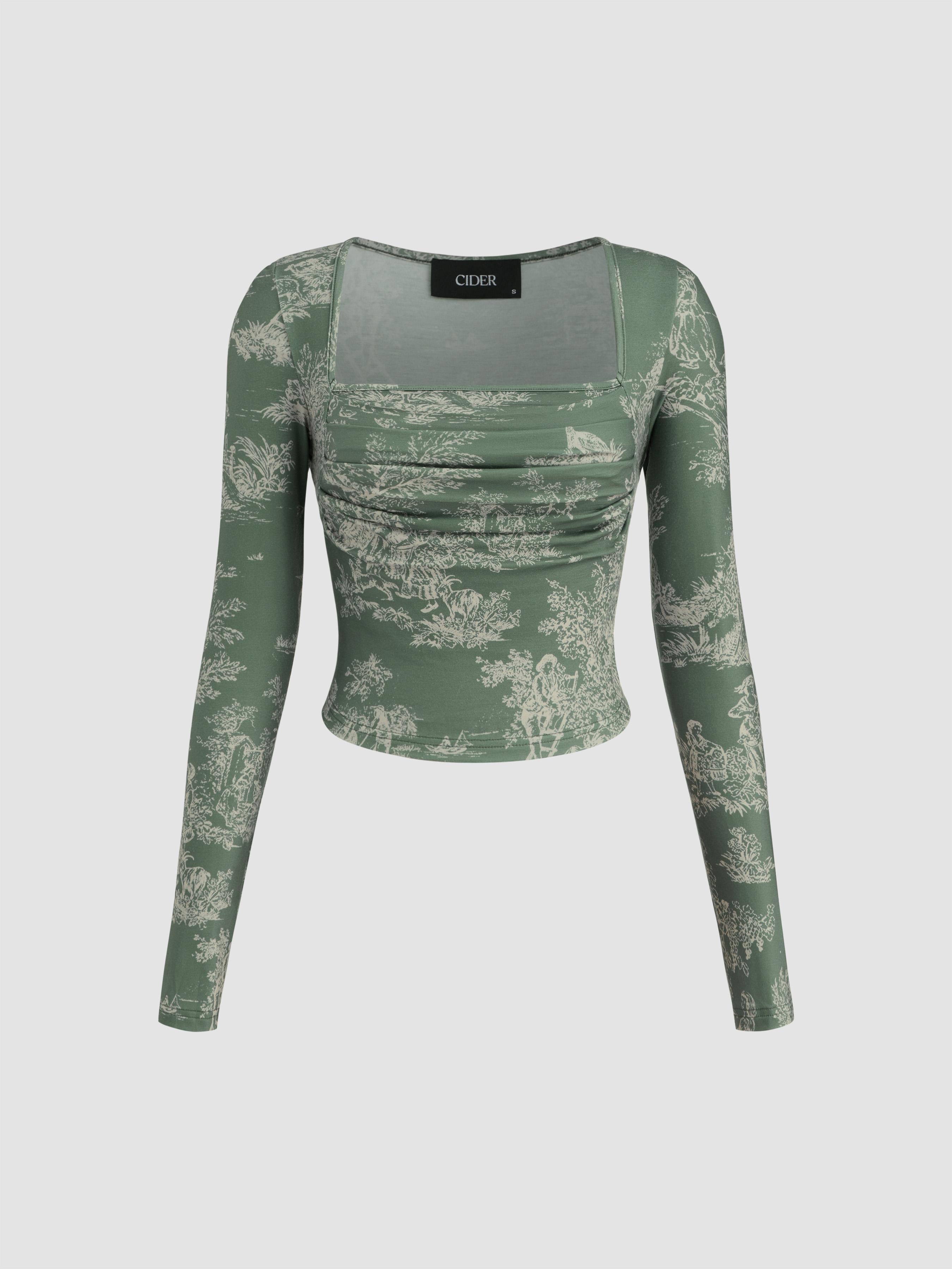 Toile de Jouy Square Neck Ruched Long Sleeve Crop Top Product Image