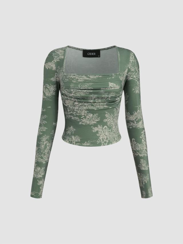 Toile de Jouy Square Neck Ruched Long Sleeve Crop Top Product Image