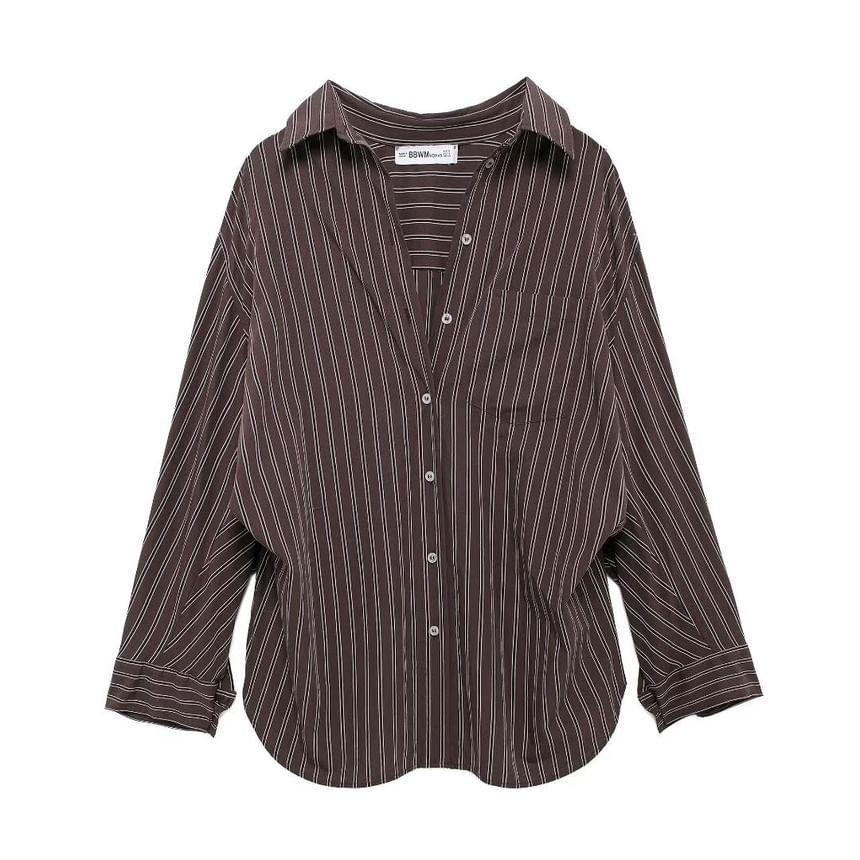 Long-Sleeve Collared Striped Button Up Shirt Product Image