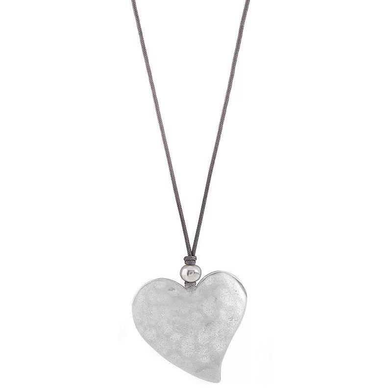 Bella Uno Worn Silver Hammered Heart Corded Pendant Necklace, Womens Silver Tone Product Image