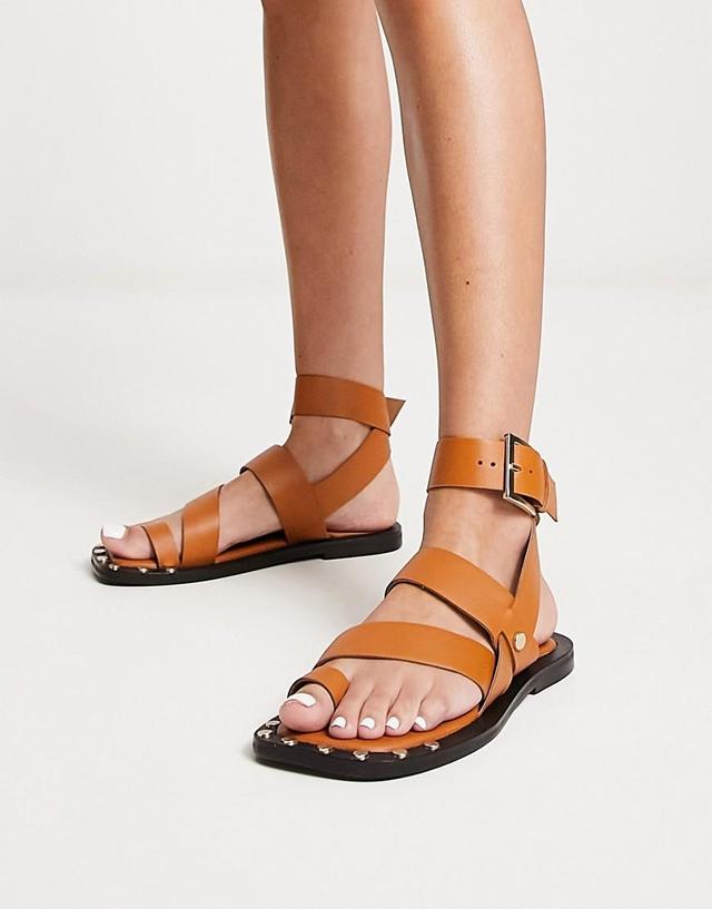 ASOS DESIGN Foxy leather studded toe loop flat sandals Product Image