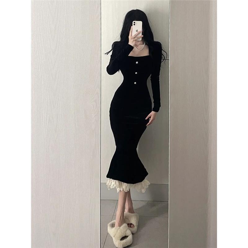 Long-Sleeve Square Neck Frill Trim Velvet Midi Sheath Dress Product Image