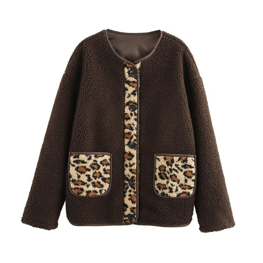 Crewneck Leopard Panel Zip-Up Jacket Product Image